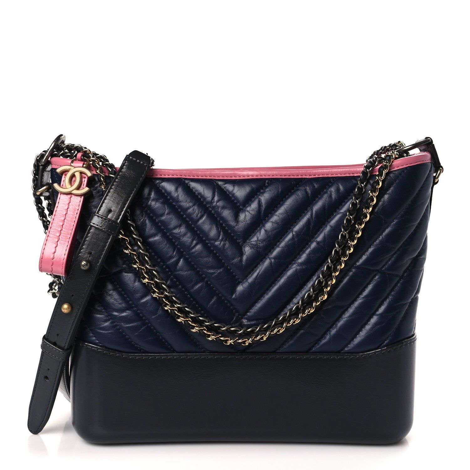 Chanel Aged Calfskin Chevron Quilted Medium Gabrielle Hobo Navy Black Pink 1 of 9