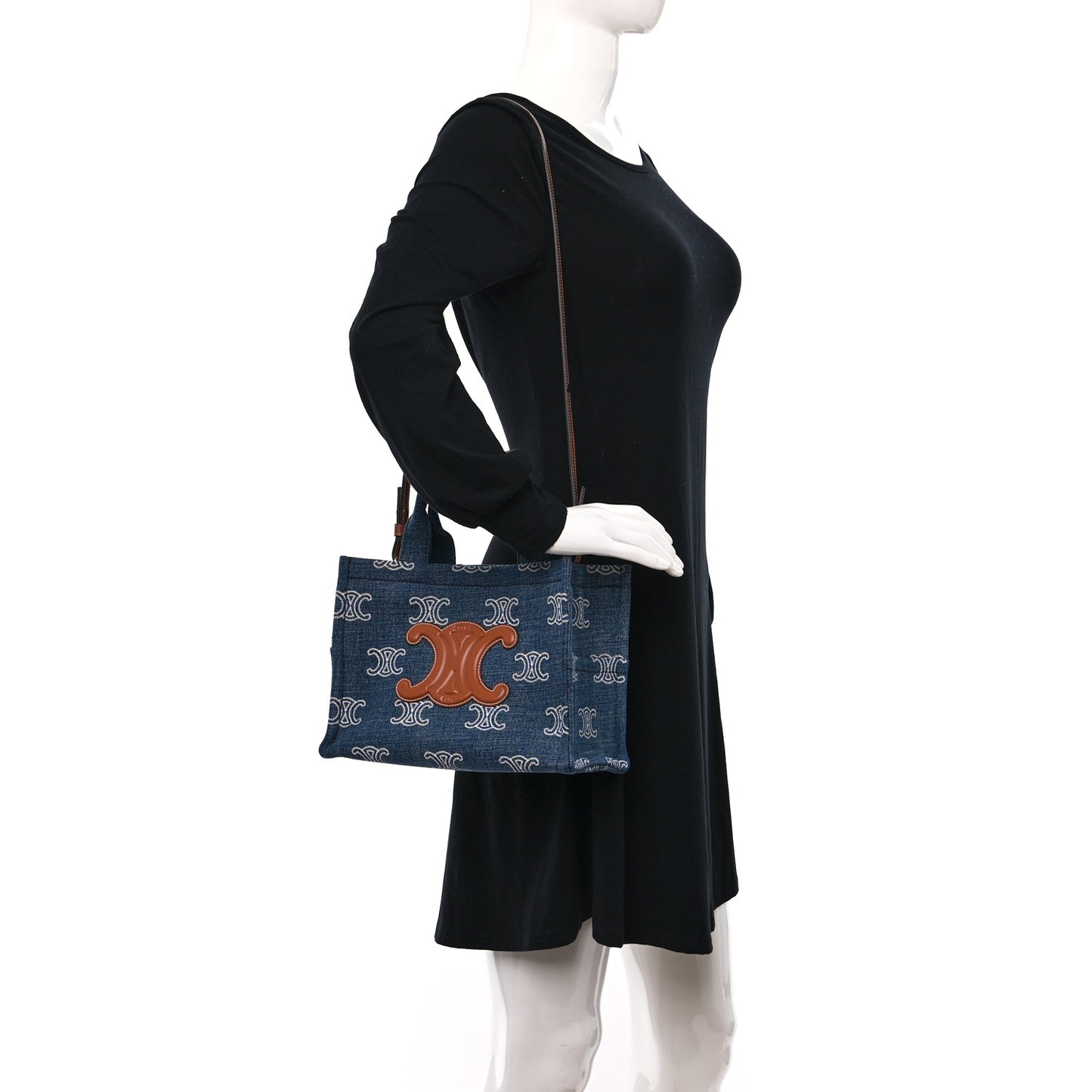 Denim Calfskin Triomphe Print Cabas Blue Tan