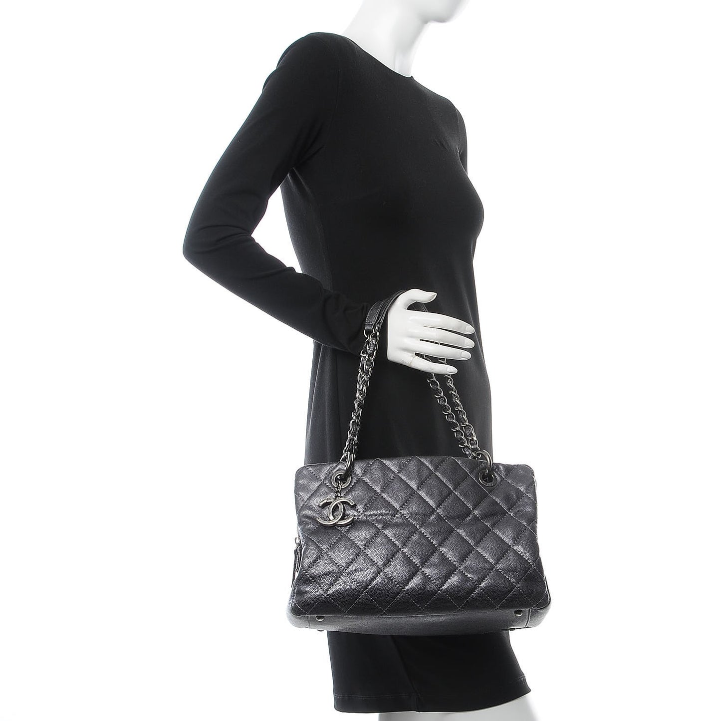 Iridescent Quilted Chic Caviar Shopping Tote Dark Silver