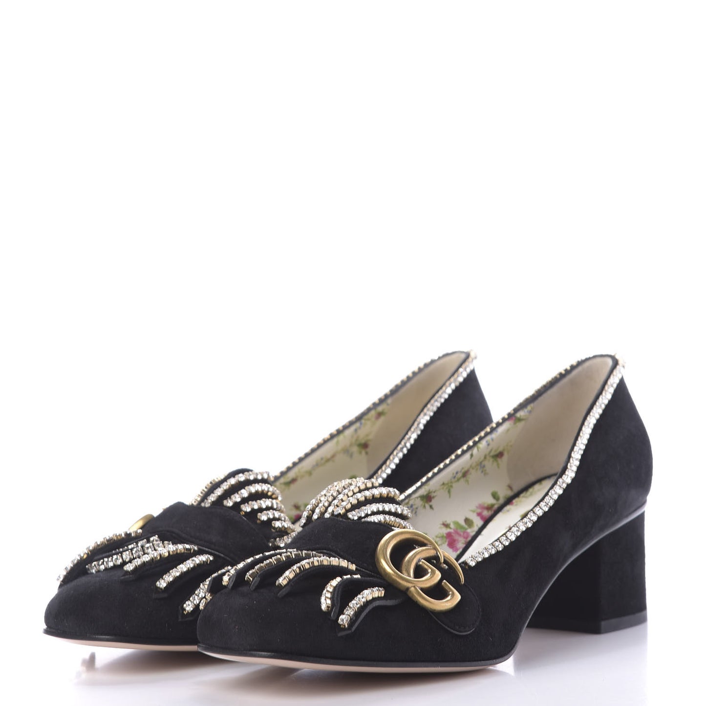 Kid Scamosciato Crystal GG Marmont Fringe 50mm Loafer Pumps 40.5 Black