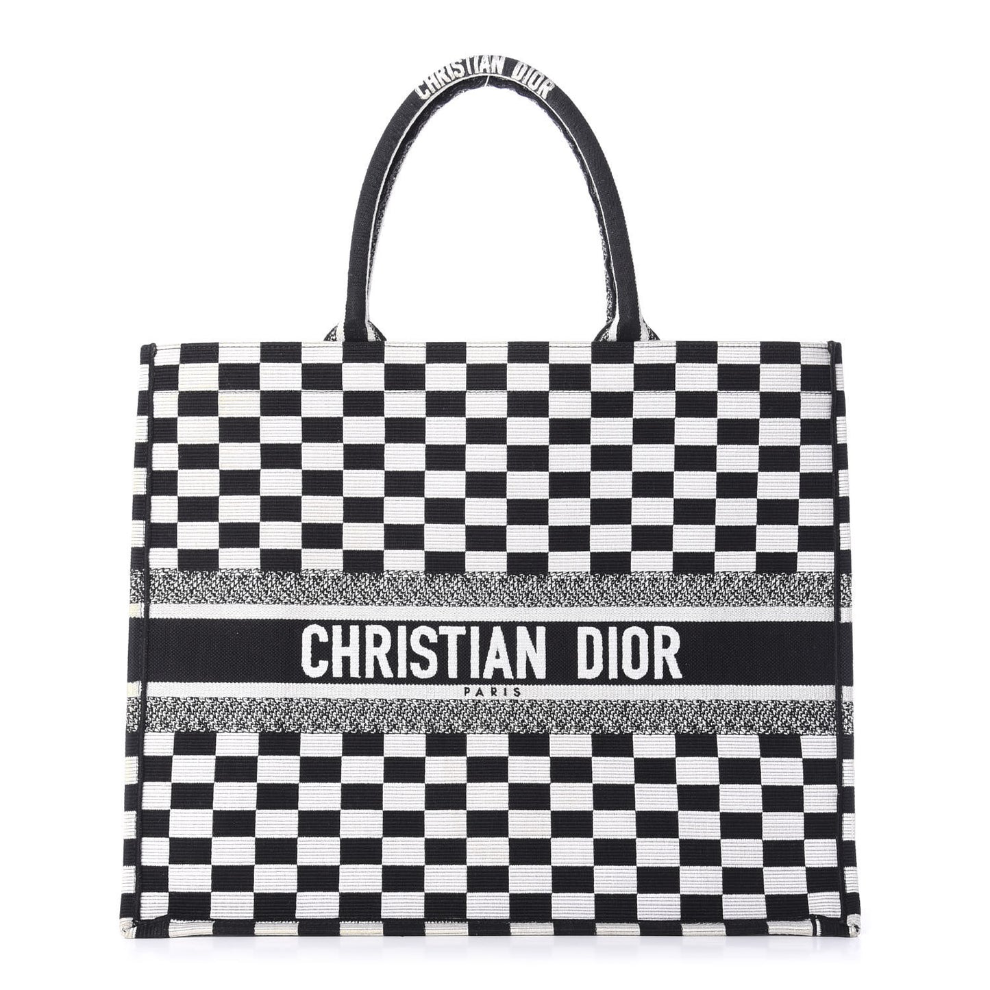 Canvas Embroidered Checkered Book Tote Black White