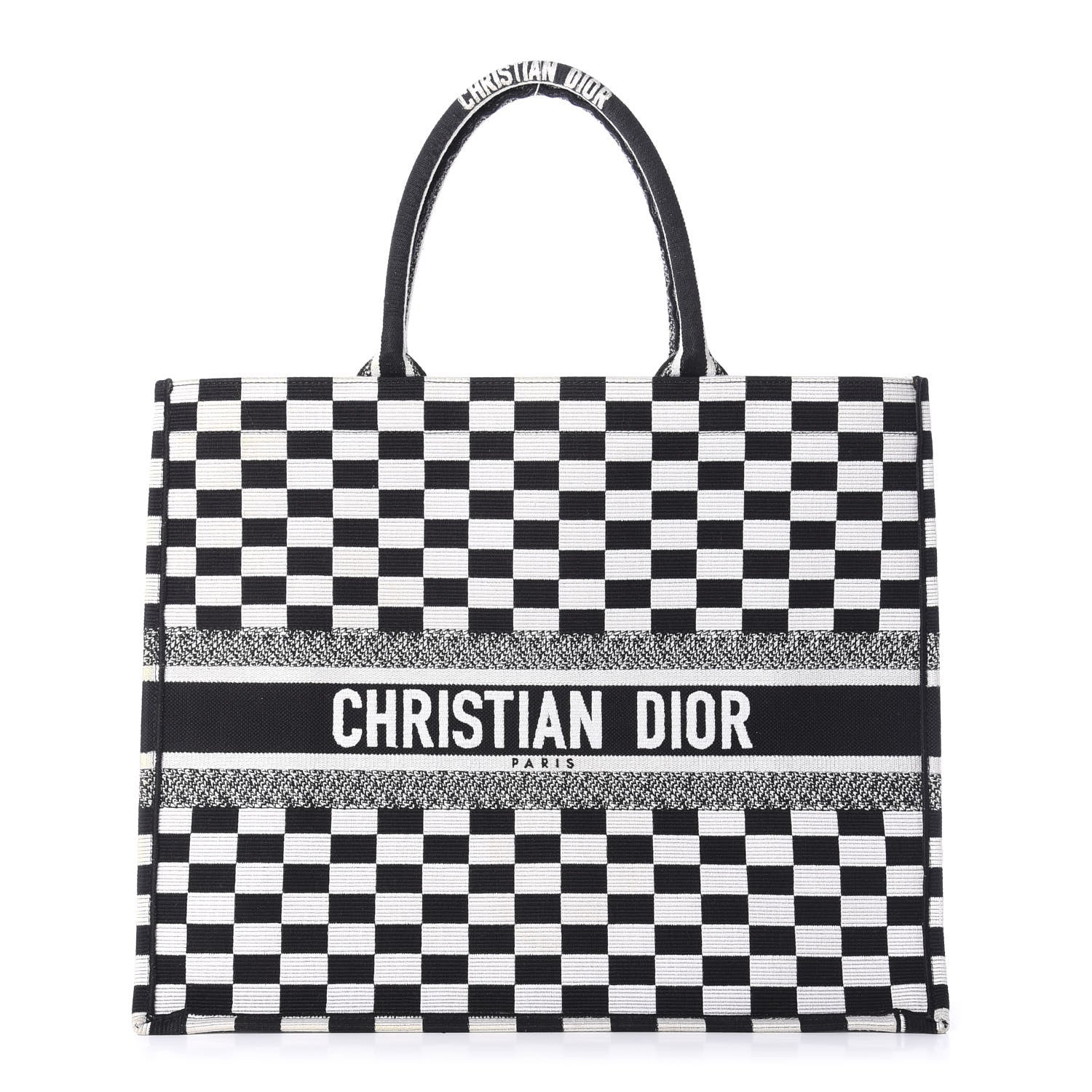 Christian Dior Canvas Embroidered Checkered Book Tote Black White 1 of 11
