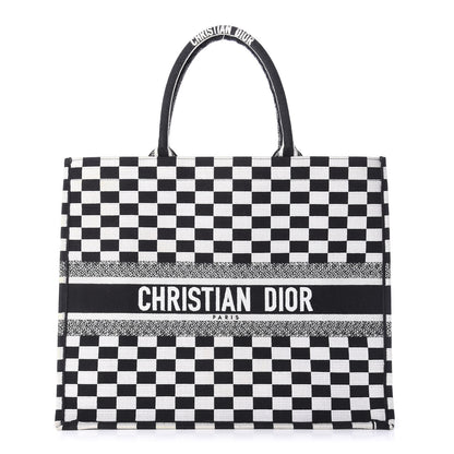 Christian Dior Canvas Embroidered Checkered Book Tote Black White 1 of 11