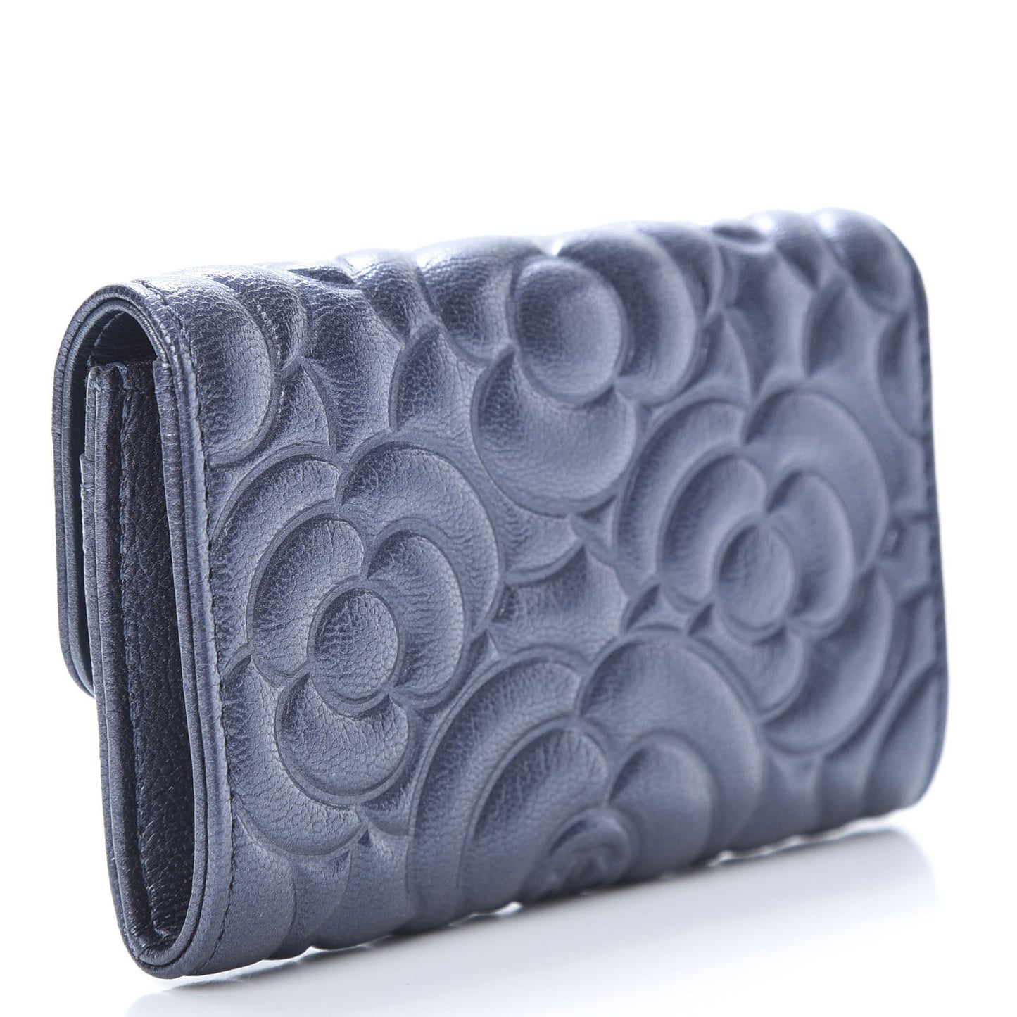Goatskin Camellia Embossed Flap Card Holder Wallet Dark Blue