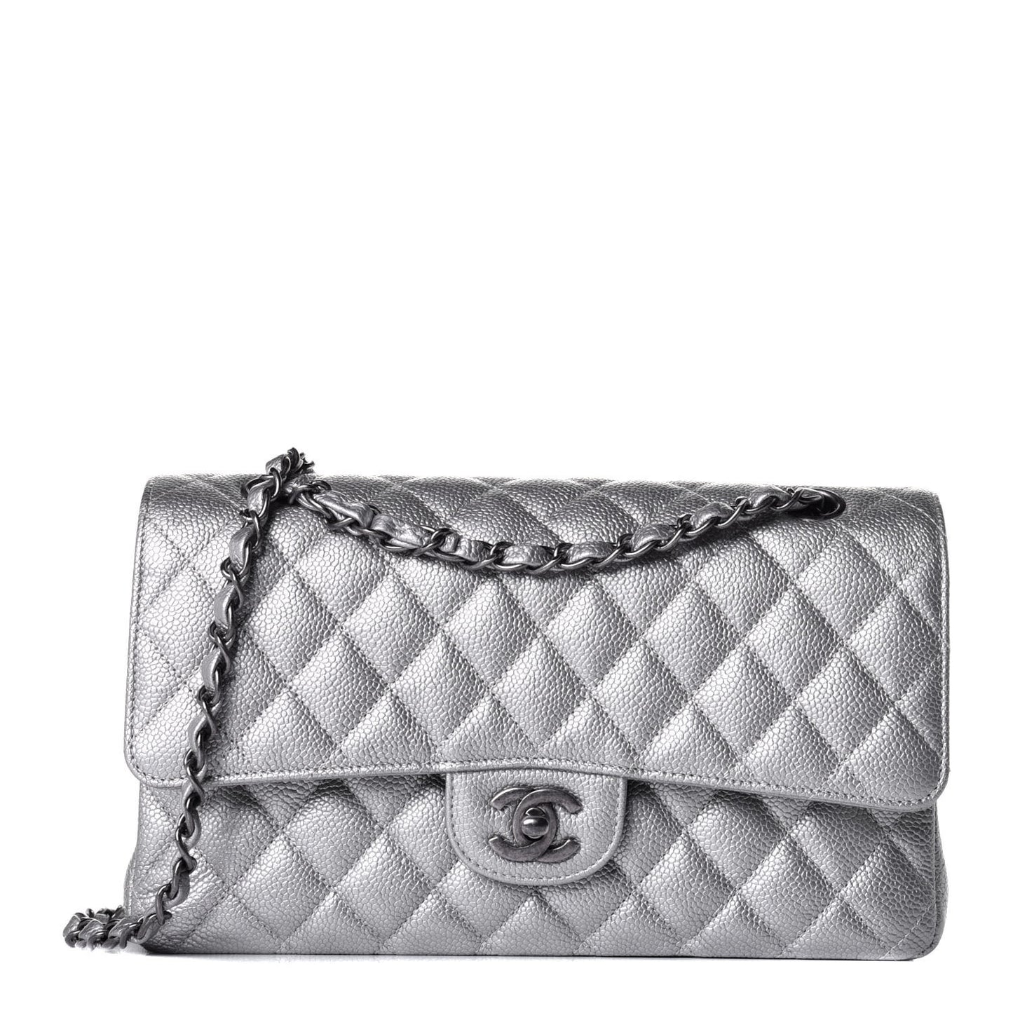 Metallic Caviar Quilted Medium Double Flap Silver