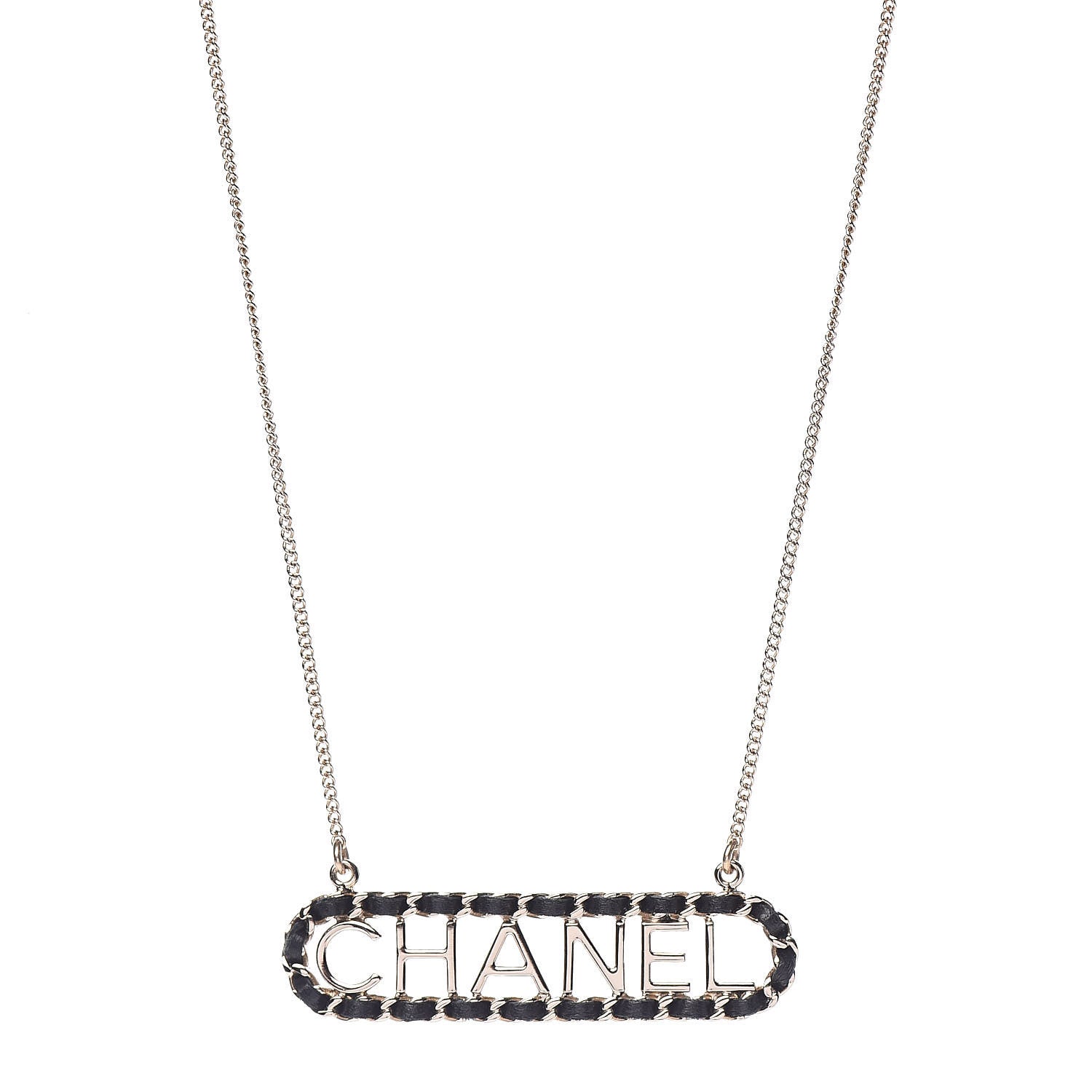 Chanel Metal Lambskin Logo Necklace Black Gold 1 of 5