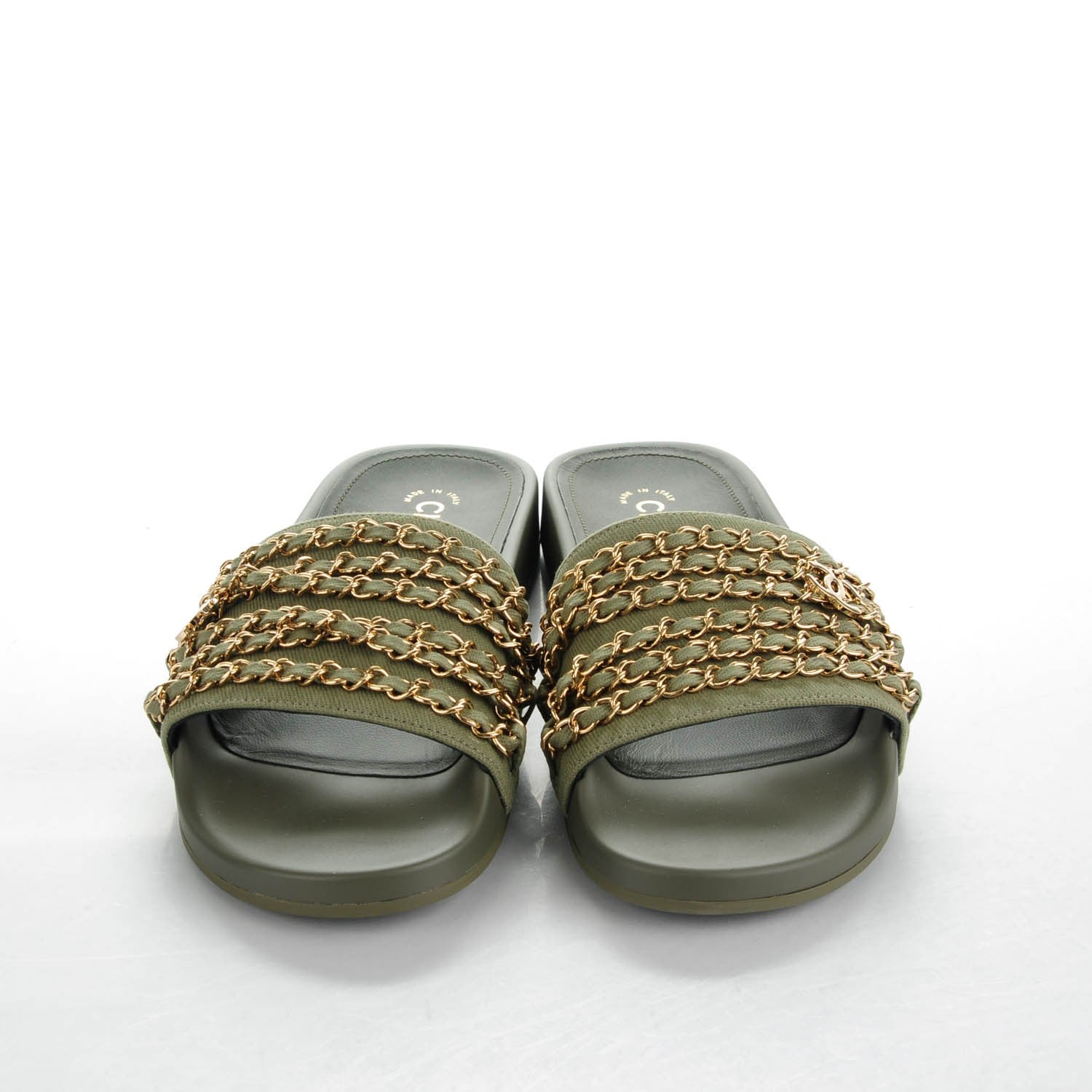Chanel Lambskin Canvas Chain Flat Sandals 39 Green 2 of 8