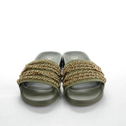 Chanel Lambskin Canvas Chain Flat Sandals 39 Green 2 of 8
