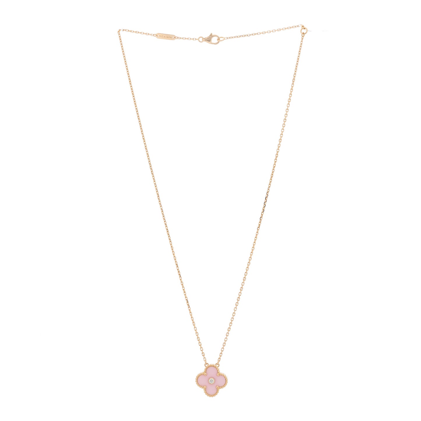 18K Rose Gold Diamond Pink Porcelain Vintage Alhambra Pendant Necklace