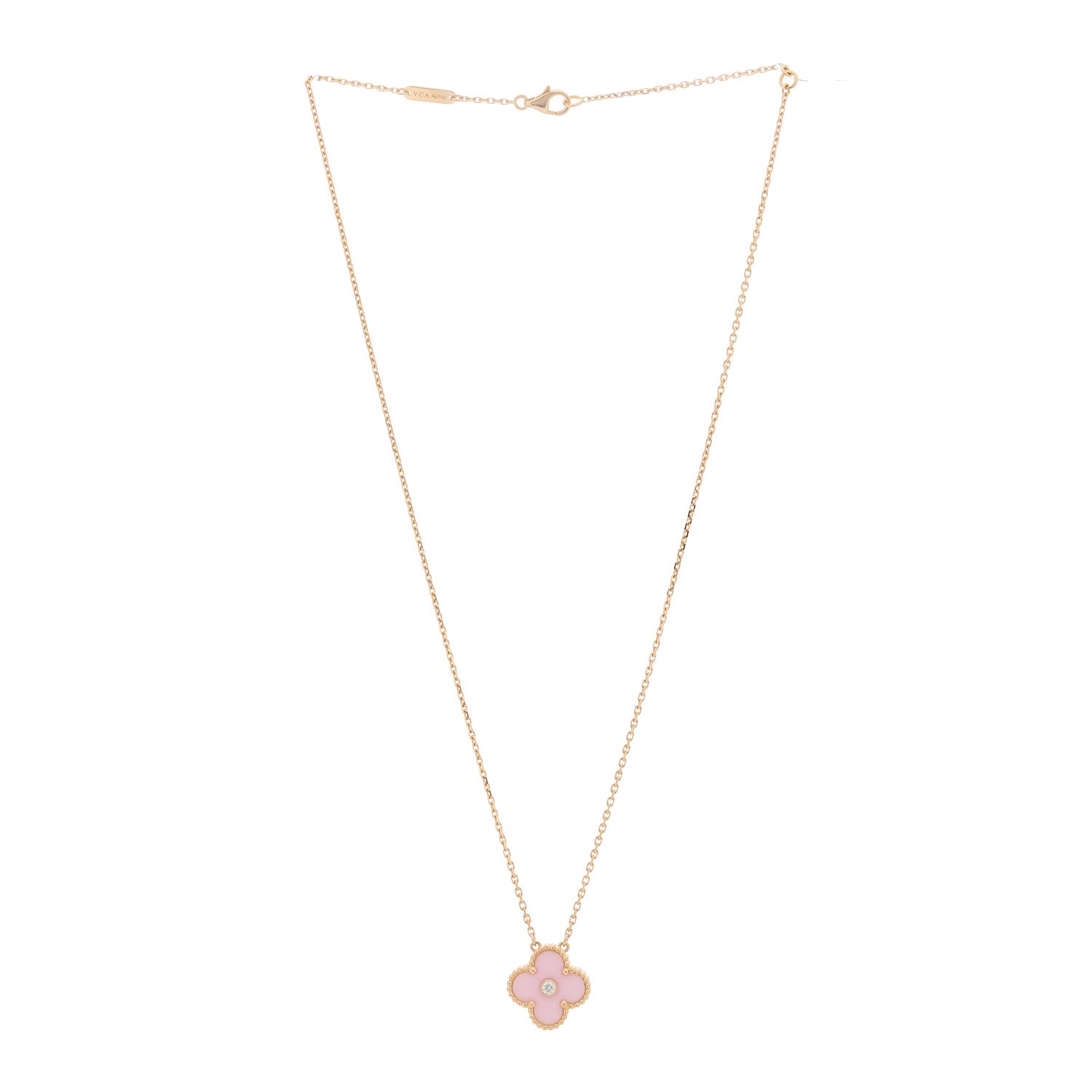 Van Cleef & Arpels 18K Rose Gold Diamond Pink Porcelain Vintage Alhambra Pendant Necklace 3 of 6