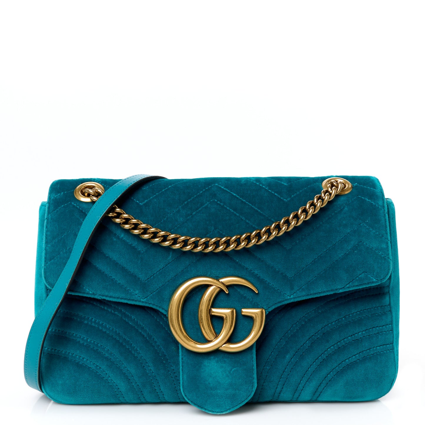 Velvet Matelasse Medium GG Marmont Shoulder Bag Pavone Cyan