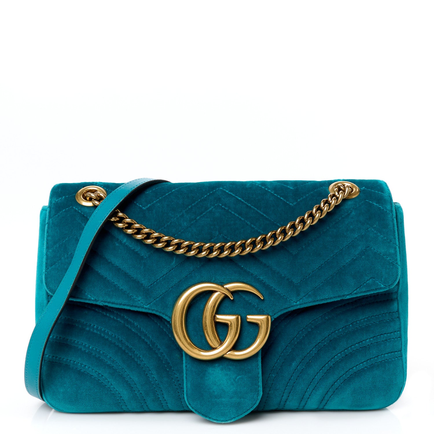 Gucci Velvet Matelasse Medium GG Marmont Shoulder Bag Pavone Cyan 1 of 12