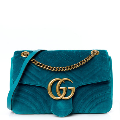 Gucci Velvet Matelasse Medium GG Marmont Shoulder Bag Pavone Cyan 1 of 12