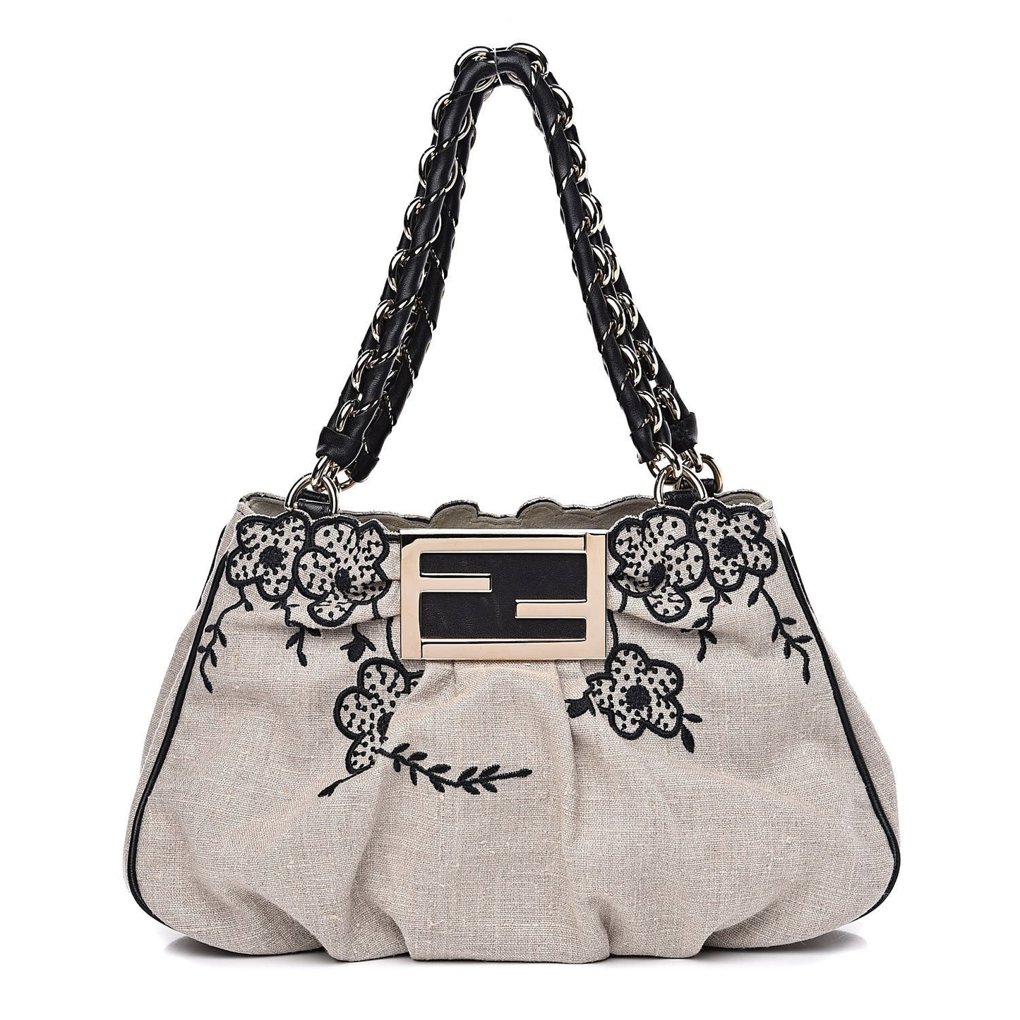 Linen Embroidered Small Mia Tote Black