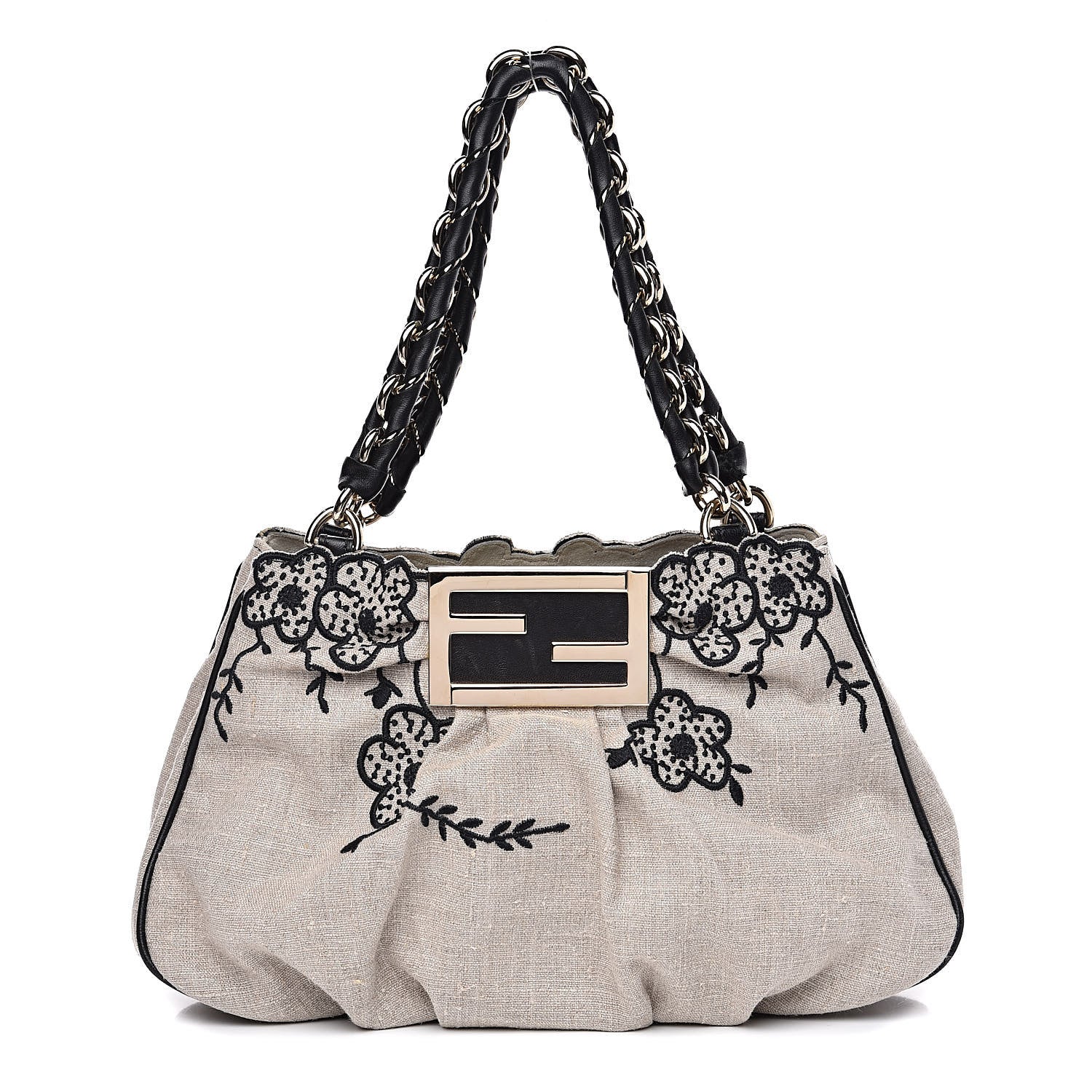 Fendi Linen Embroidered Small Mia Tote Black 1 of 16