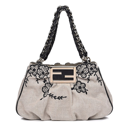 Fendi Linen Embroidered Small Mia Tote Black 1 of 16