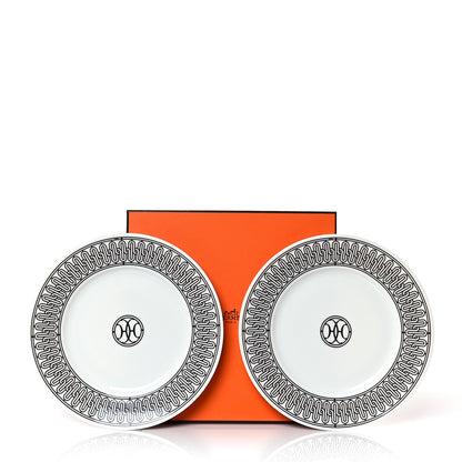 Hermes Porcelain H Deco Dessert Plates Set of 2 Black White 8 of 8