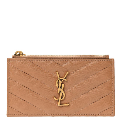 Saint Laurent Grain De Poudre Matelasse Chevron Monogram Fragments Zippered Card Case Cork 1 of 7