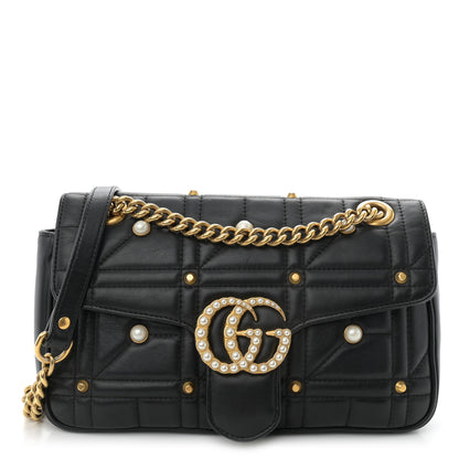 Gucci Calfskin Matelasse Studded Small Pearly GG Marmont Shoulder Bag Black 1 of 11