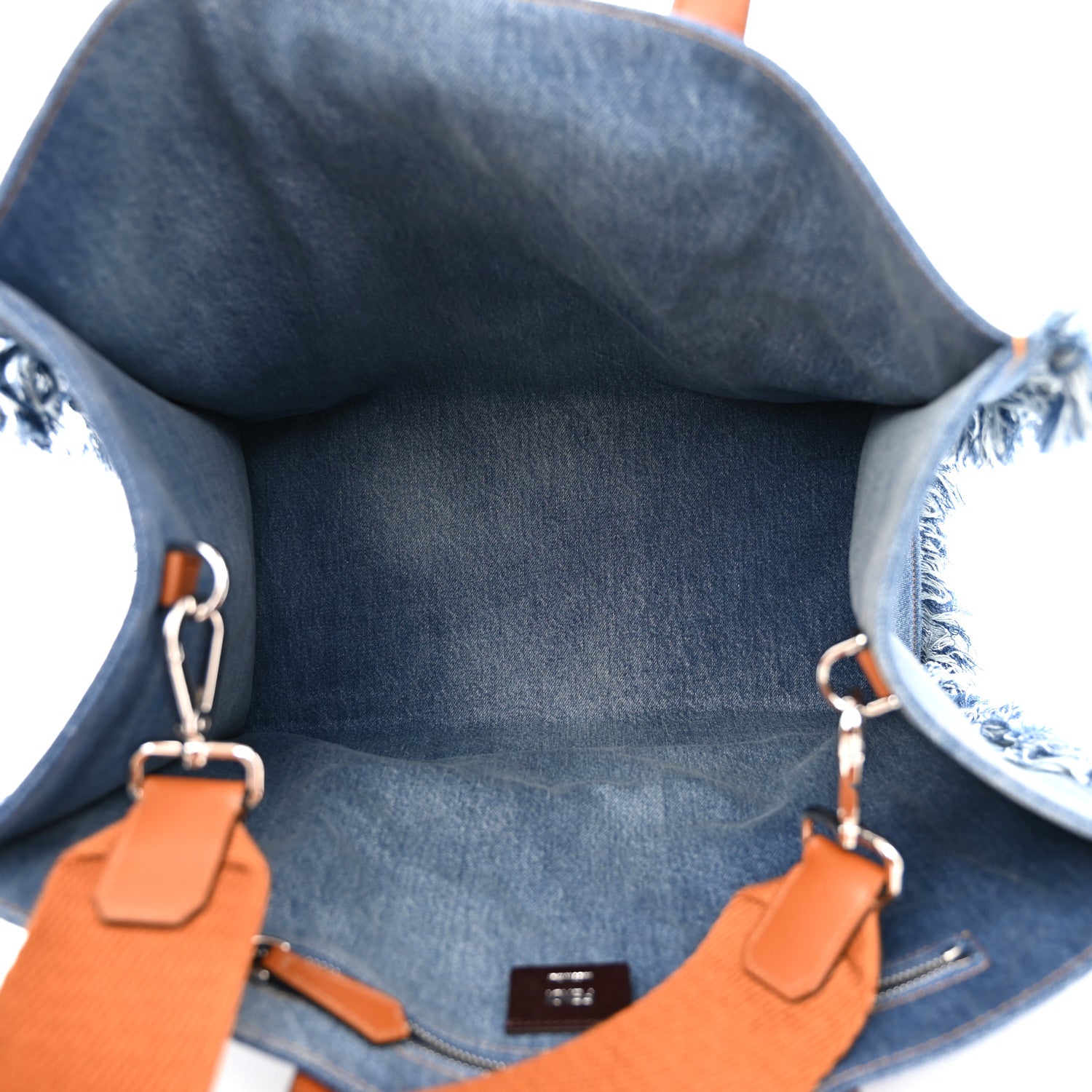 Fendi Denim Lavato Vitello King Logo Embroidered Frayed Large Tote Denim Chiaro Cuoio 5 of 10