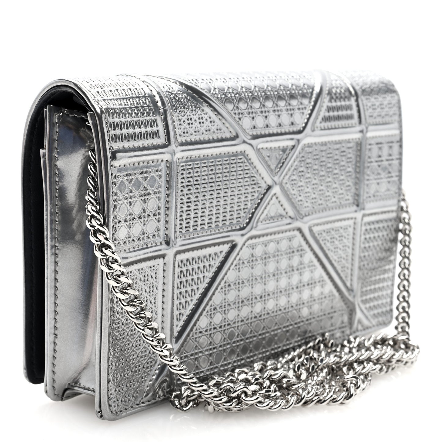 Metallic Patent Micro-Cannage Diorama Wallet on Chain Pouch Silver