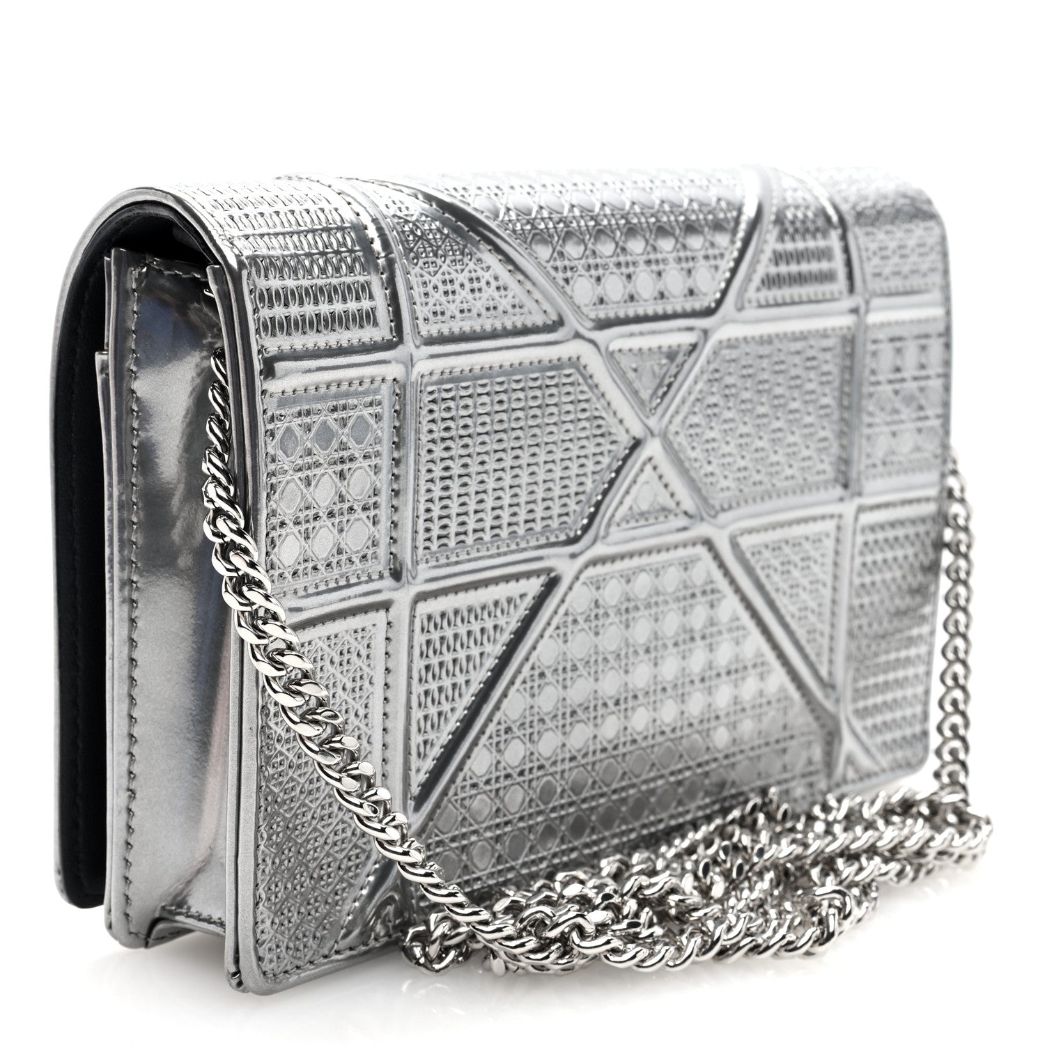 Christian Dior Metallic Patent Micro-Cannage Diorama Wallet on Chain Pouch Silver 3 of 10