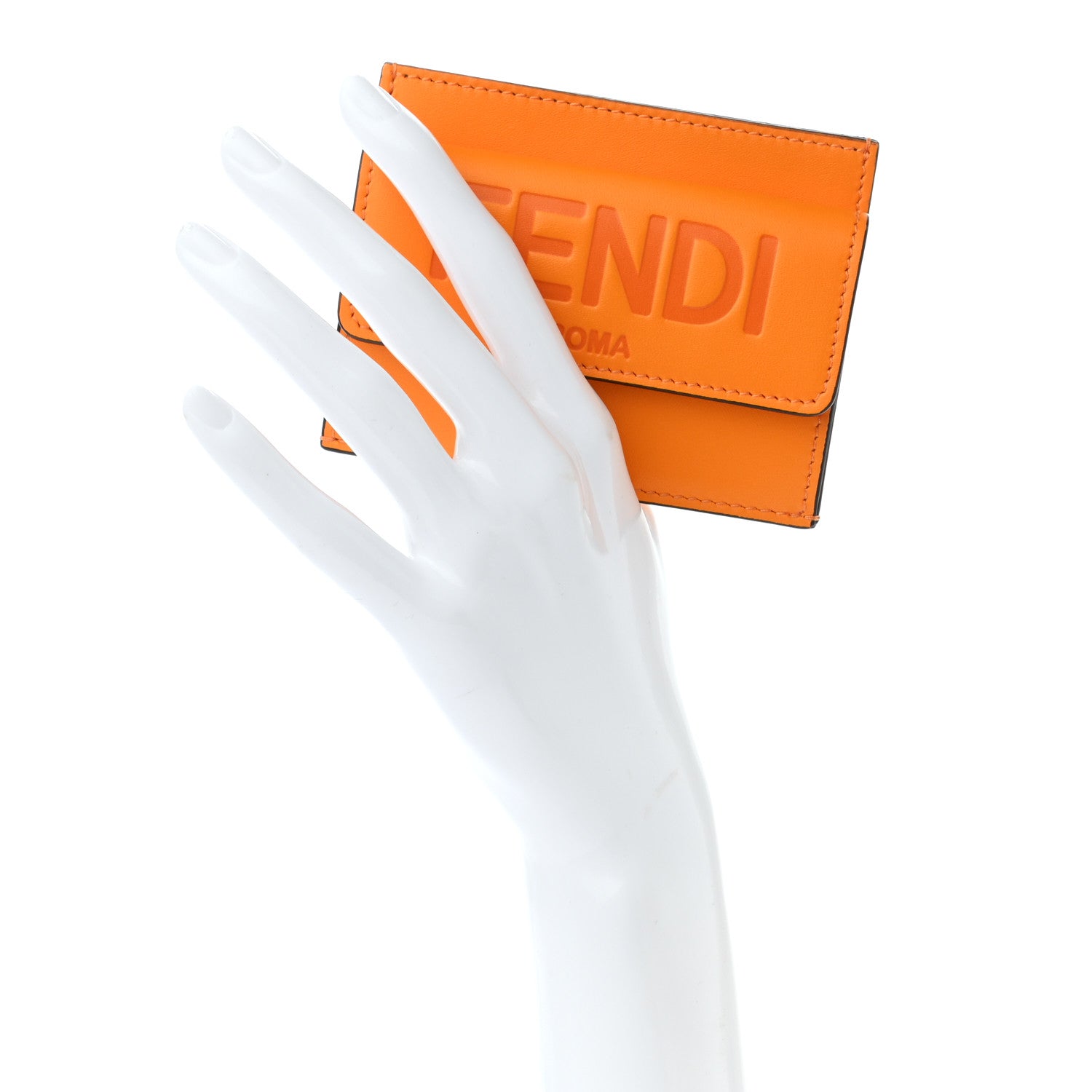 Fendi Vitello King Tamponato Logo Embossed Fold Over Card Holder Wallet Clementine 2 of 8
