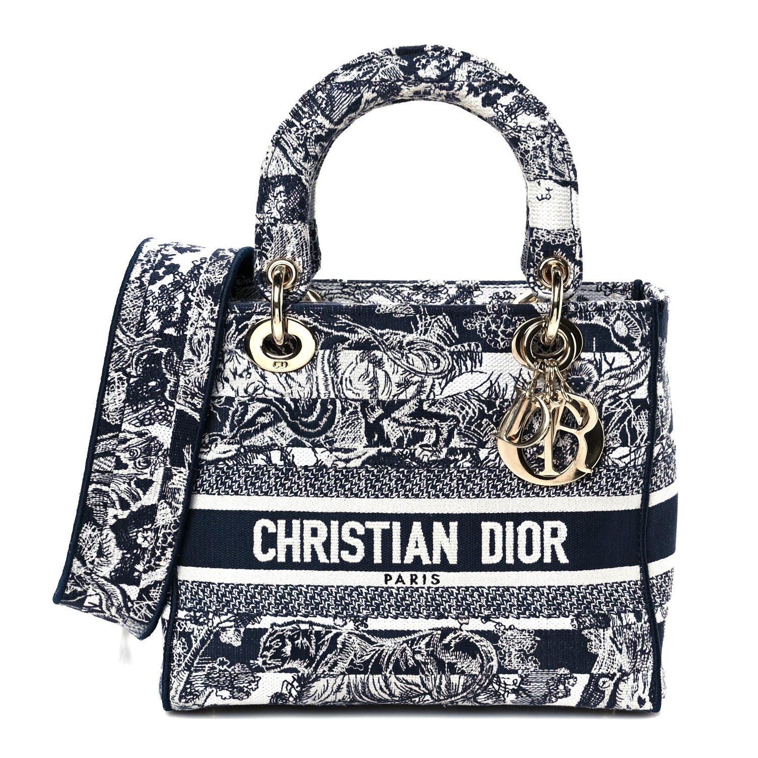 Christian Dior Canvas Reverse Striped Toile De Jouy Embroidered Medium Lady D-Lite Navy 1 of 10