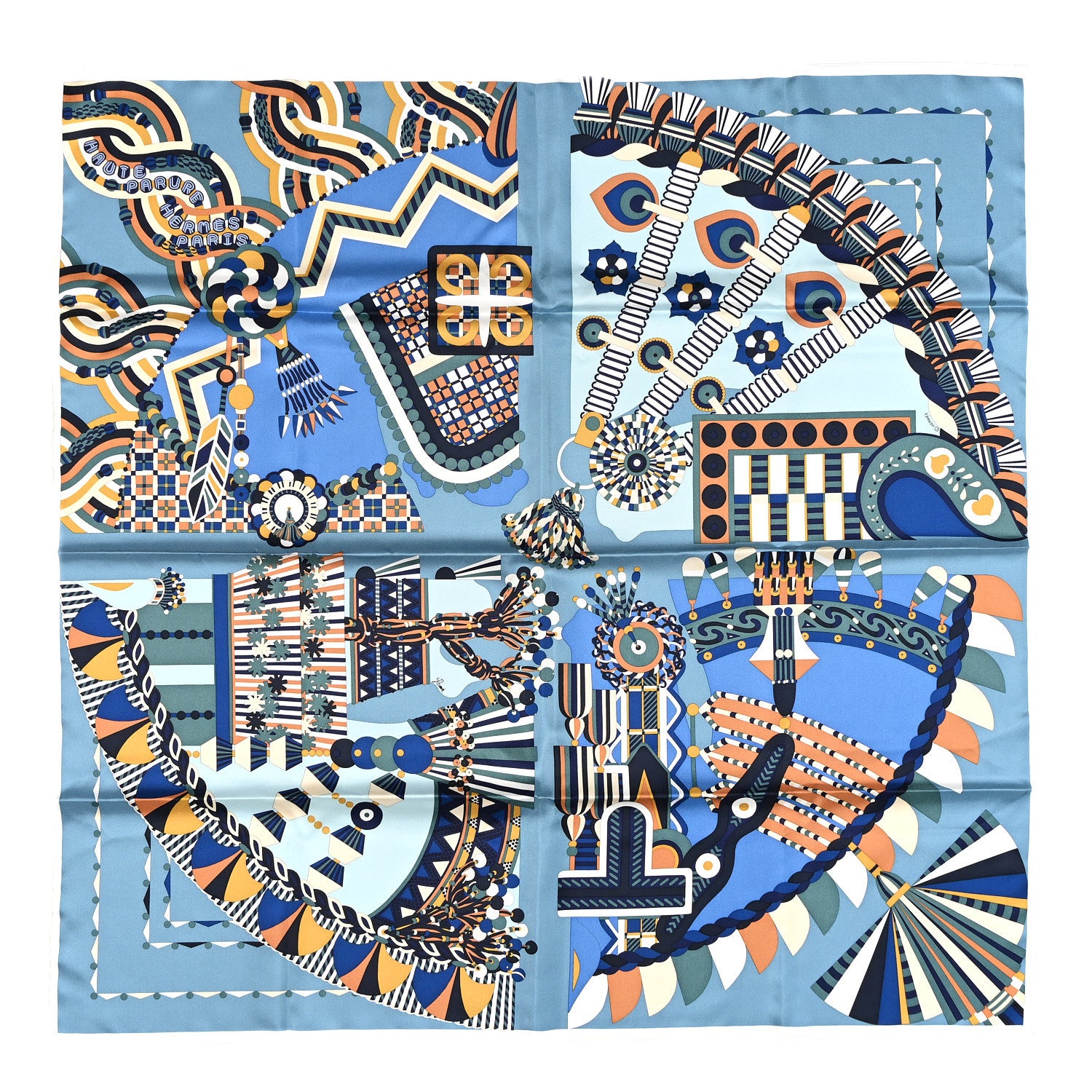 Hermes Silk Haute Parure Scarf 90 Bleu Jean Beige Dore Ciel 1 of 3
