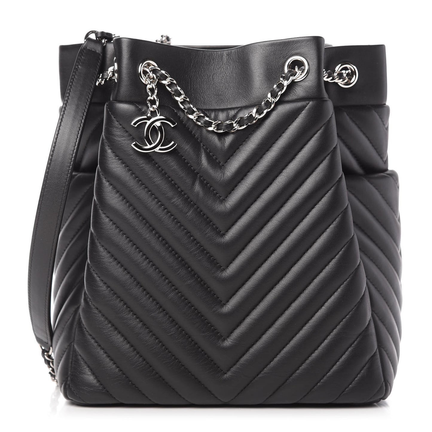 Lambskin Chevron Small Urban Spirit Drawstring Bag Black