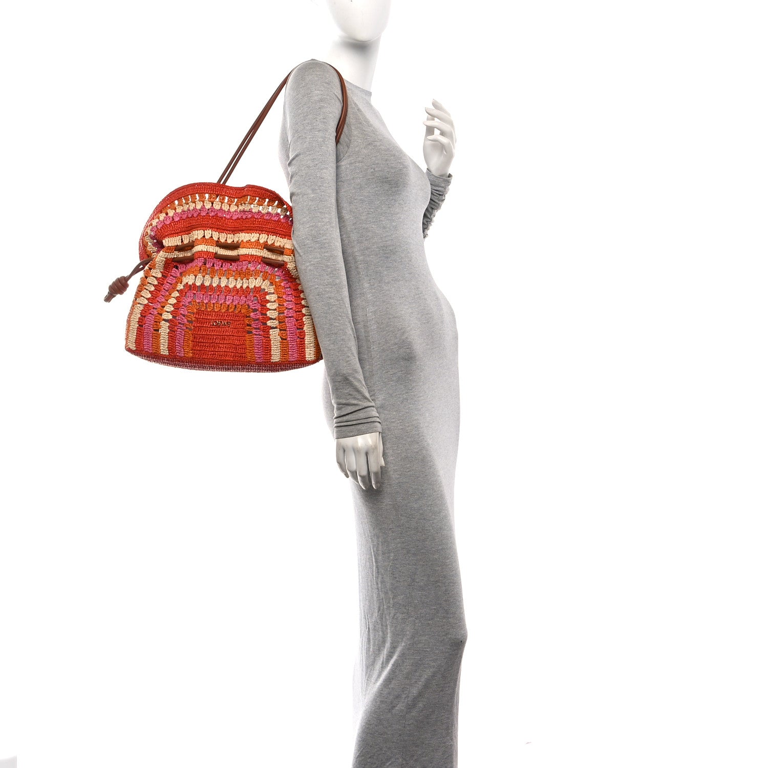 Loewe X PAULA'S IBIZA Raffia Striped Medium Flamenco Knot Clutch Bright Orange Pink 2 of 9
