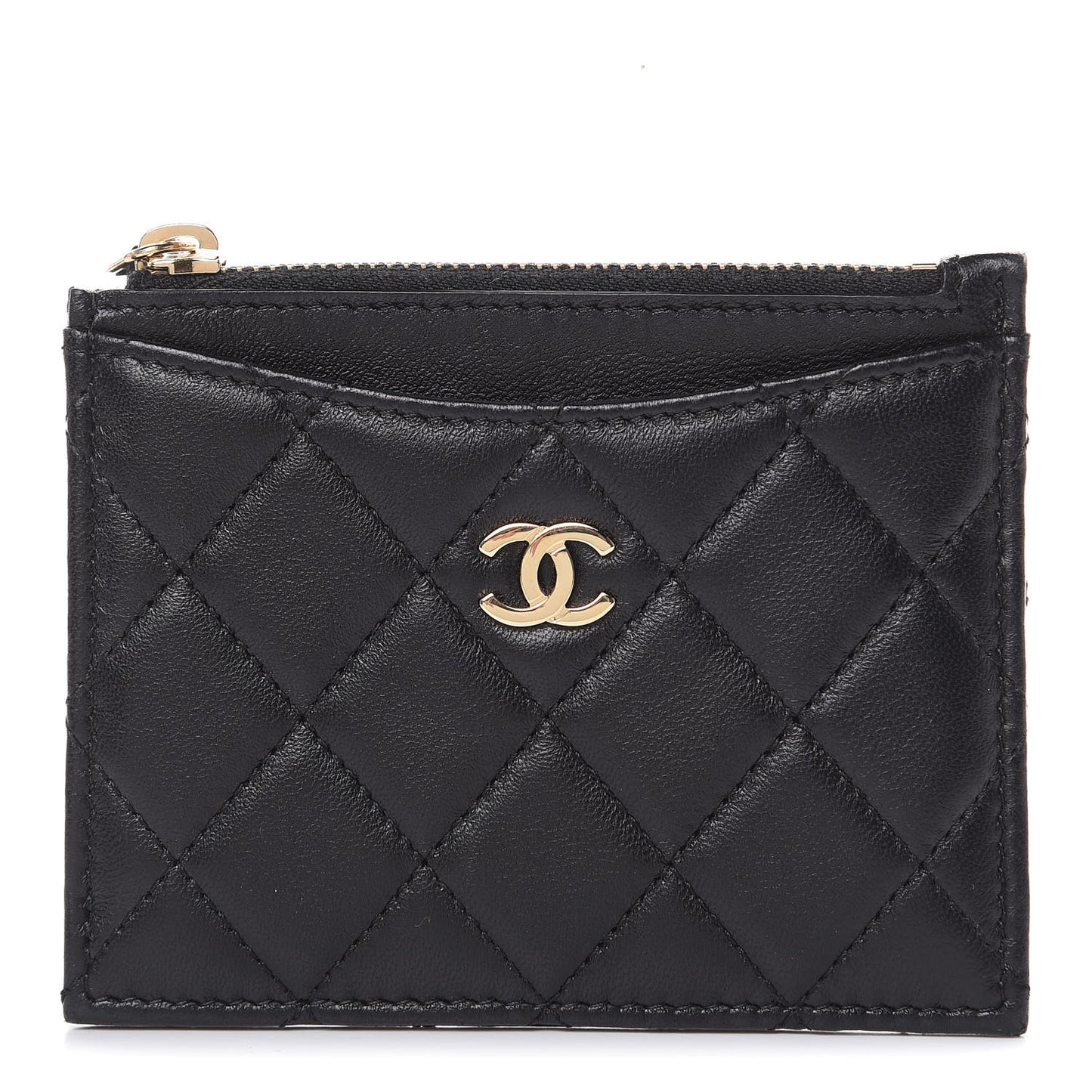 Lambskin Quilted Zip Card Holder Black