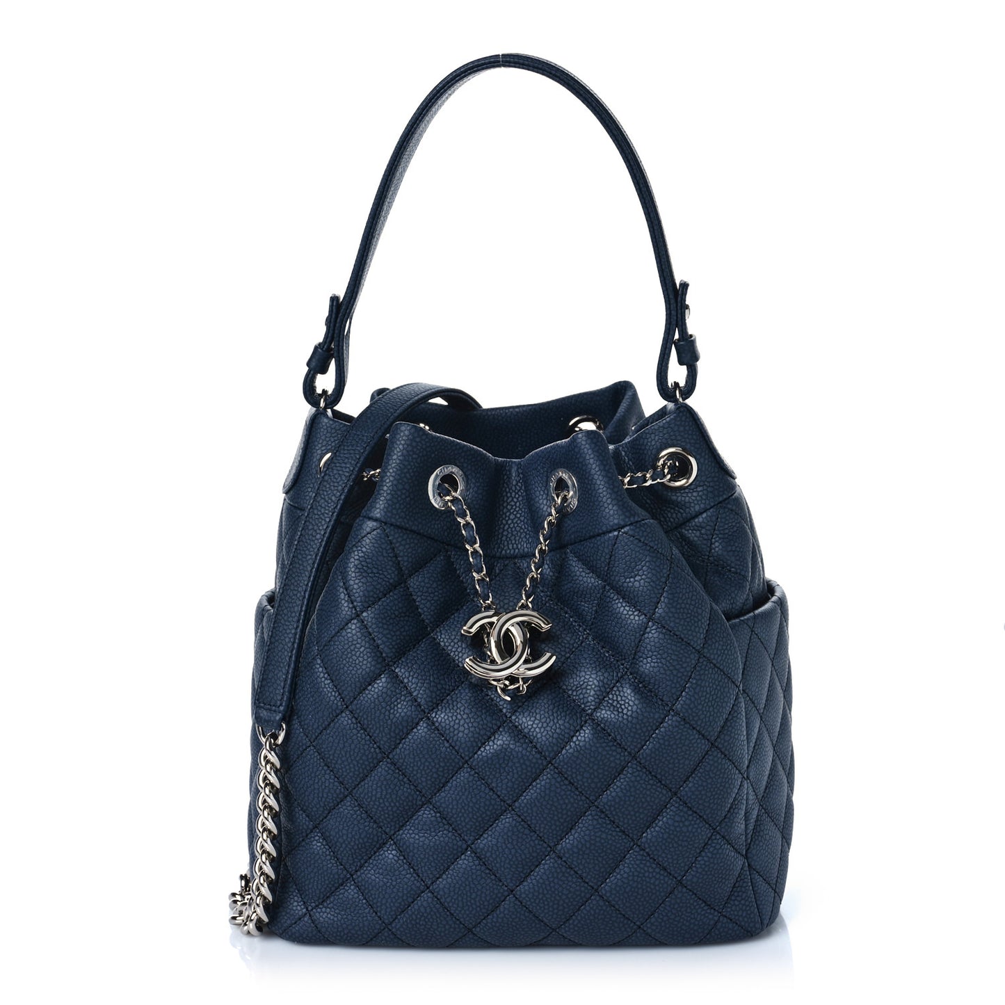 Caviar Flat Quilted CC Chain Bucket Drawstring Bag Navy