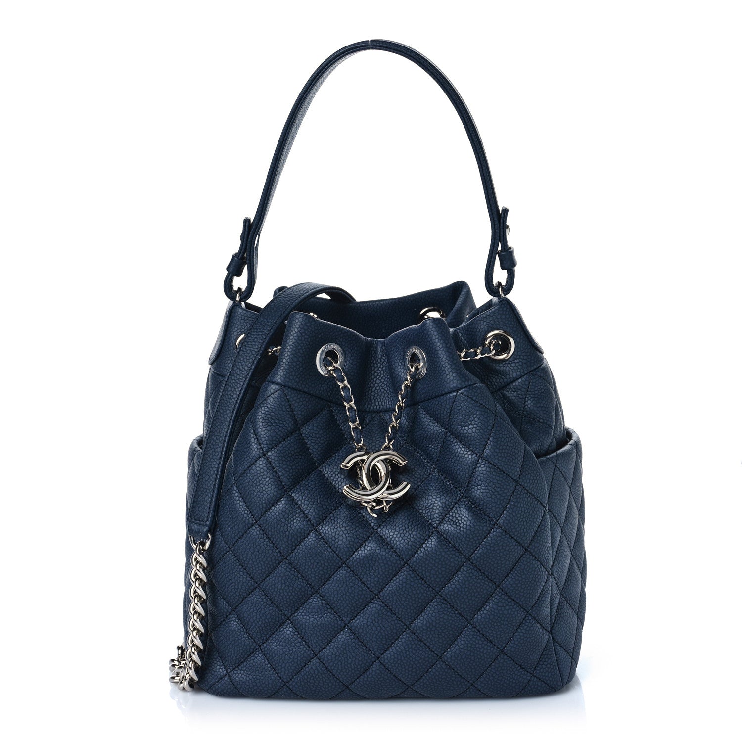 Chanel Caviar Flat Quilted CC Chain Bucket Drawstring Bag Navy 1 of 7