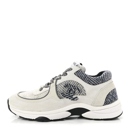 Chanel Fabric Suede Calfskin Womens CC Sneakers 36.5 Ivory Light Gray White 1 of 9