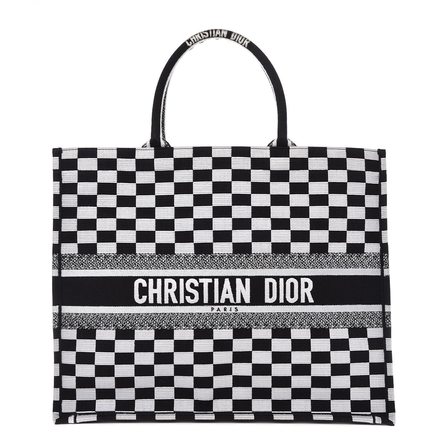 Canvas Embroidered Checkered Book Tote Black White