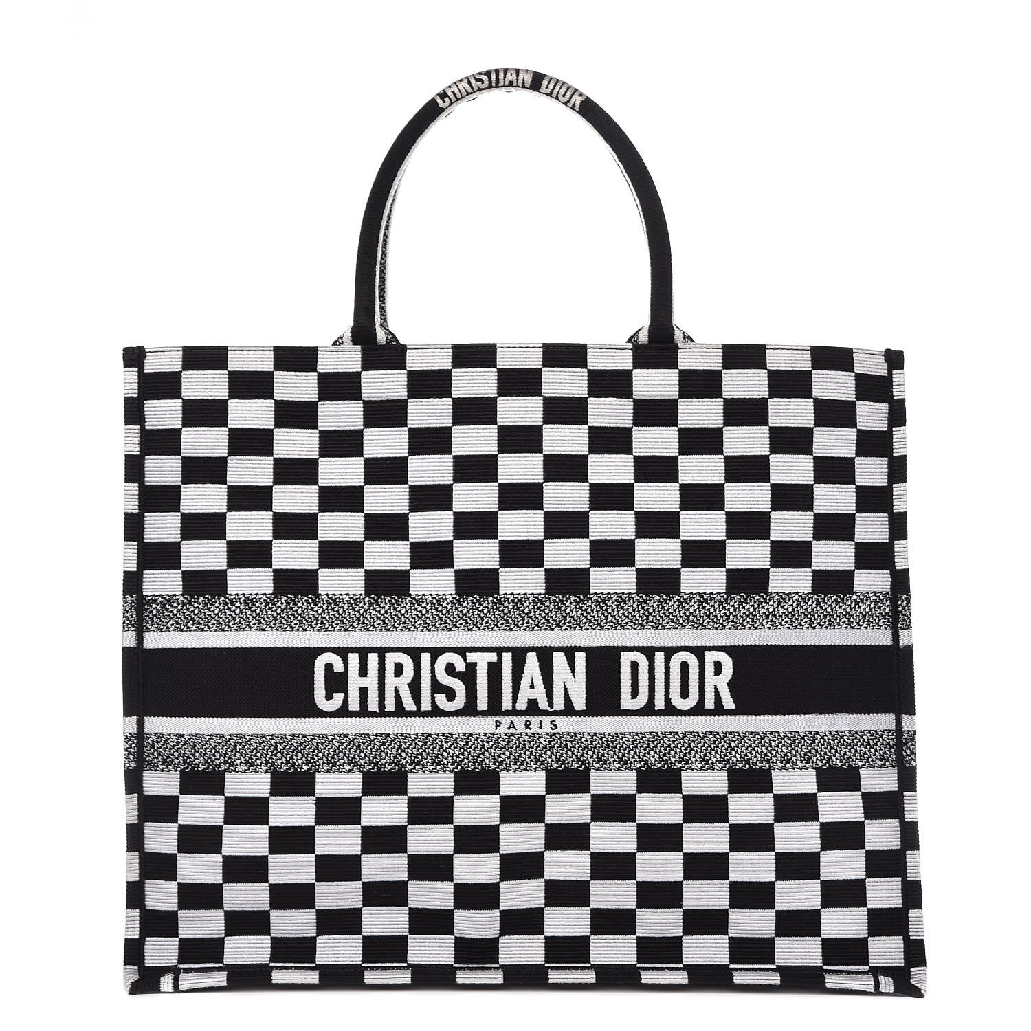 Christian Dior Canvas Embroidered Checkered Book Tote Black White 1 of 9