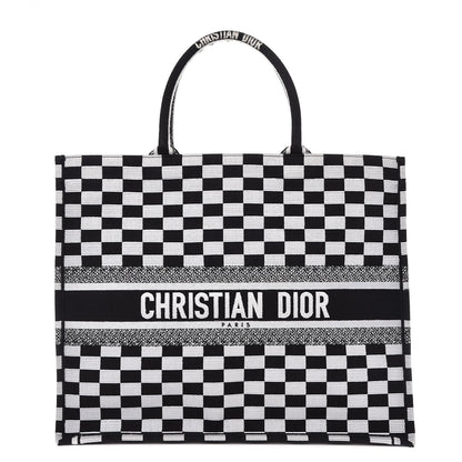 Christian Dior Canvas Embroidered Checkered Book Tote Black White 1 of 9