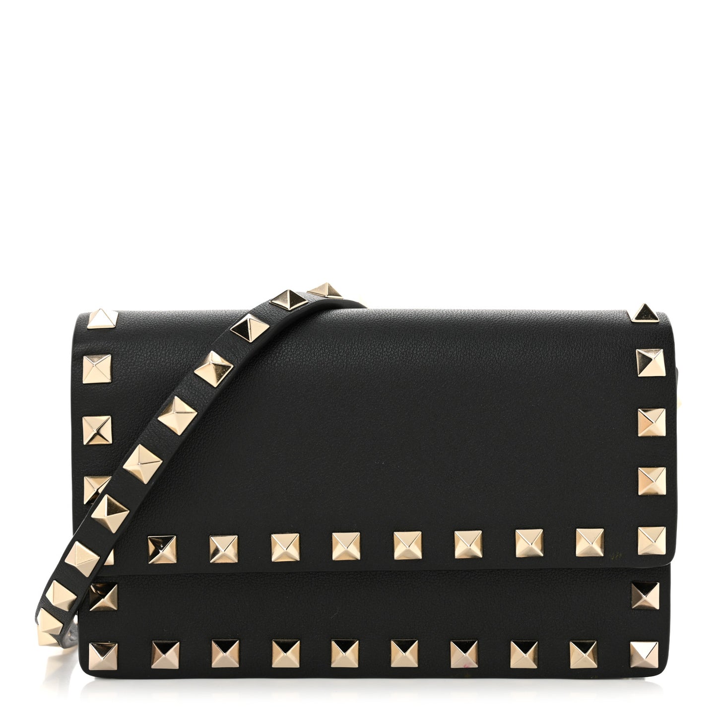 Calfskin Rockstud Flap Wallet On Strap Black