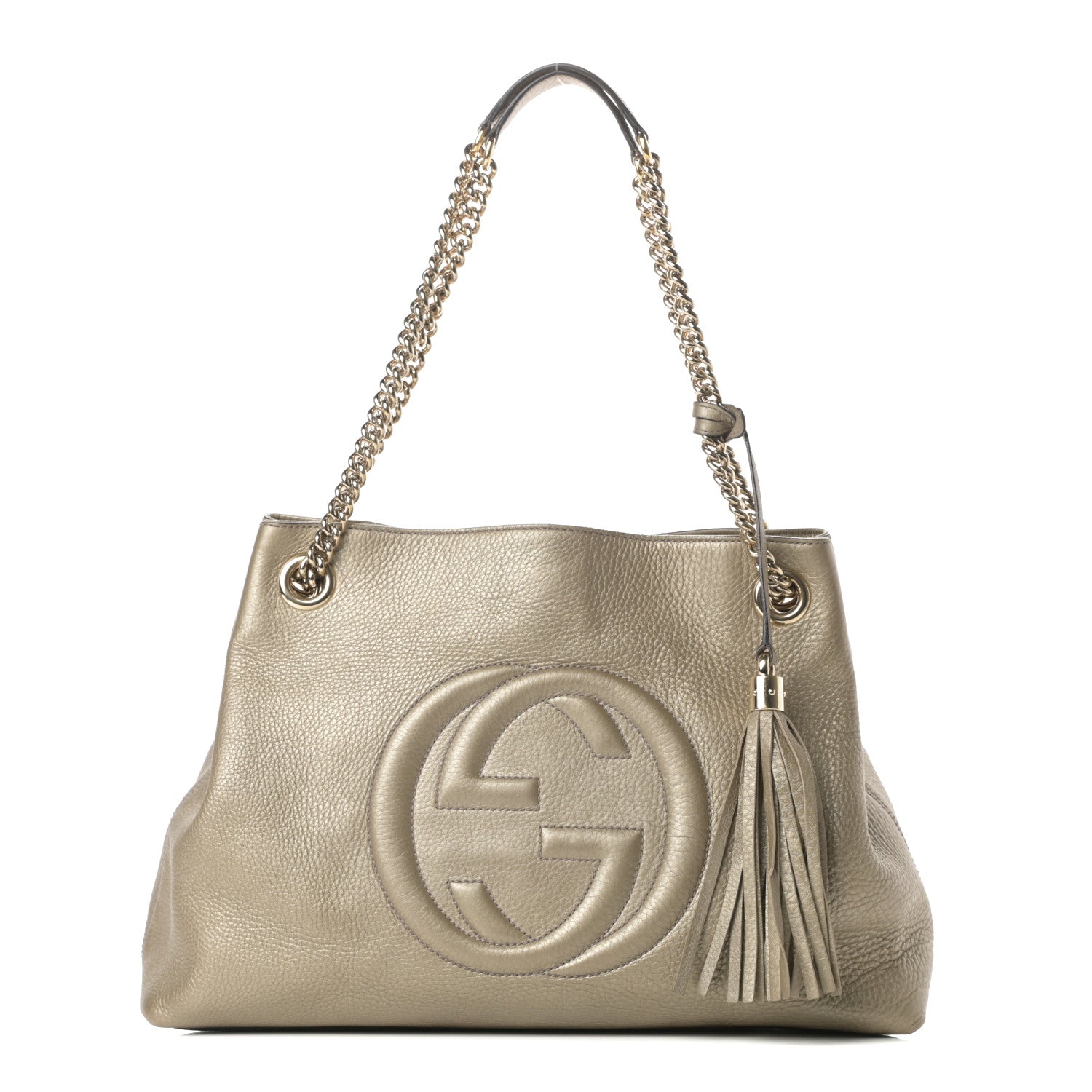 Gucci Metallic Pebbled Calfskin Medium Soho Chain Shoulder Bag Golden Beige 1 of 14