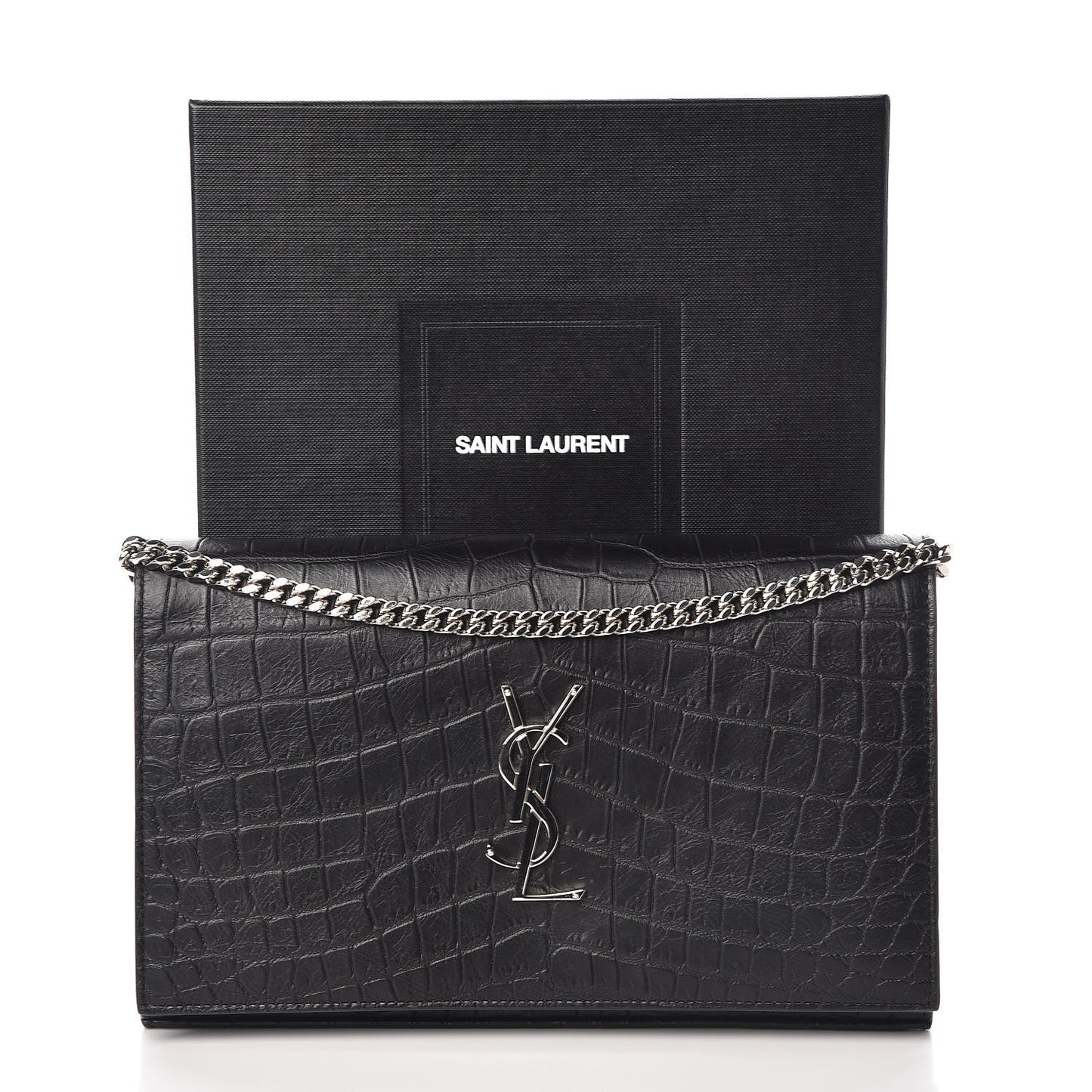 Calfskin Crocodile Embossed Monogram Chain Wallet Black