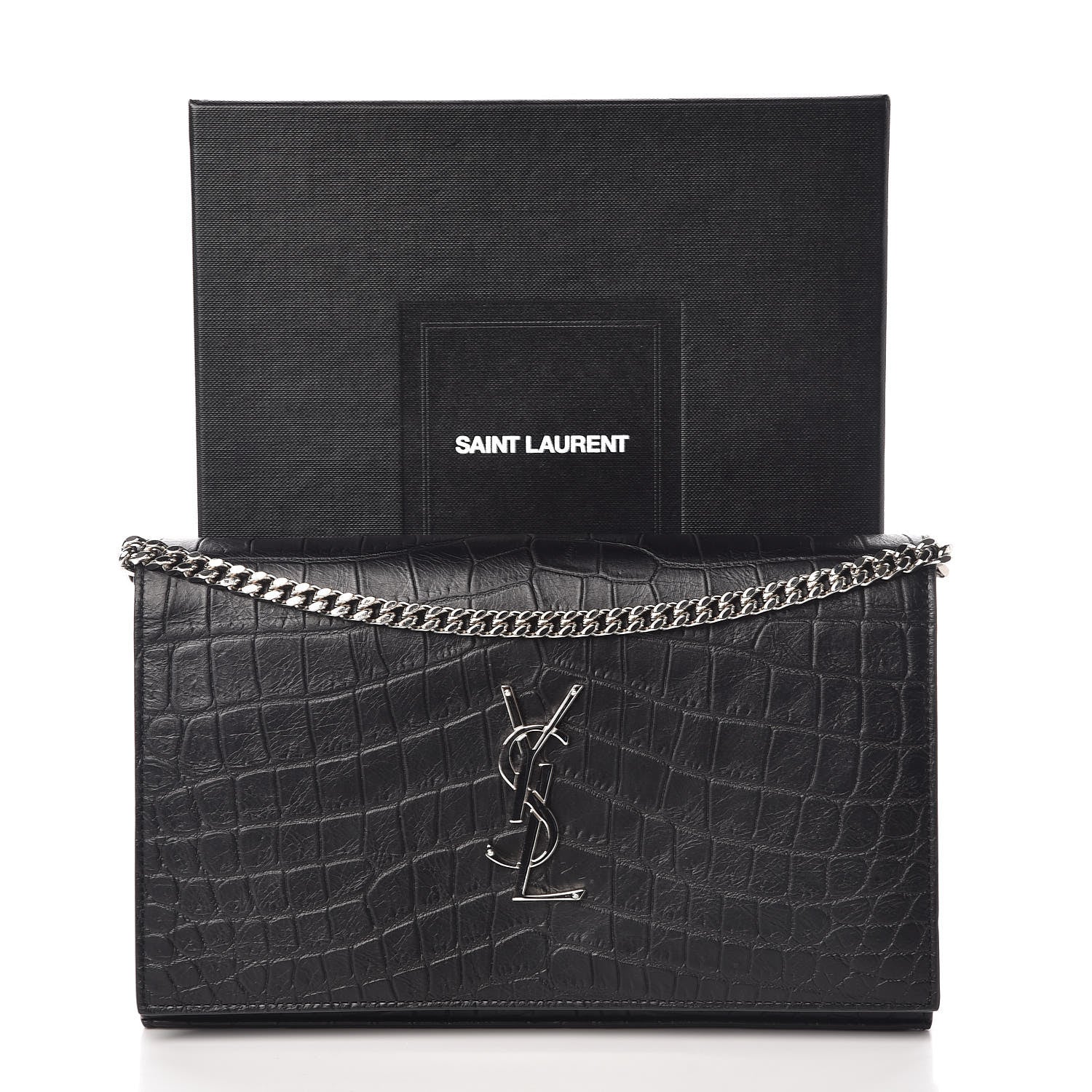 Saint Laurent Calfskin Crocodile Embossed Monogram Chain Wallet Black 11 of 11