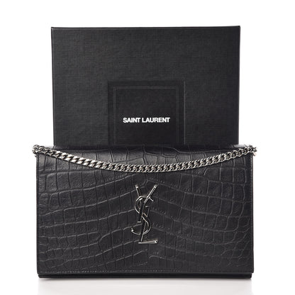 Saint Laurent Calfskin Crocodile Embossed Monogram Chain Wallet Black 11 of 11