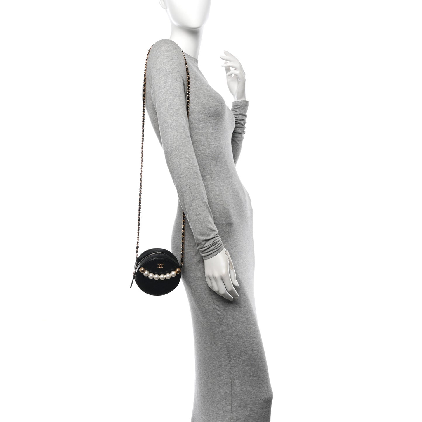 Goatskin Quilted Chic Pearls Chain Round Clutch With Chain Black