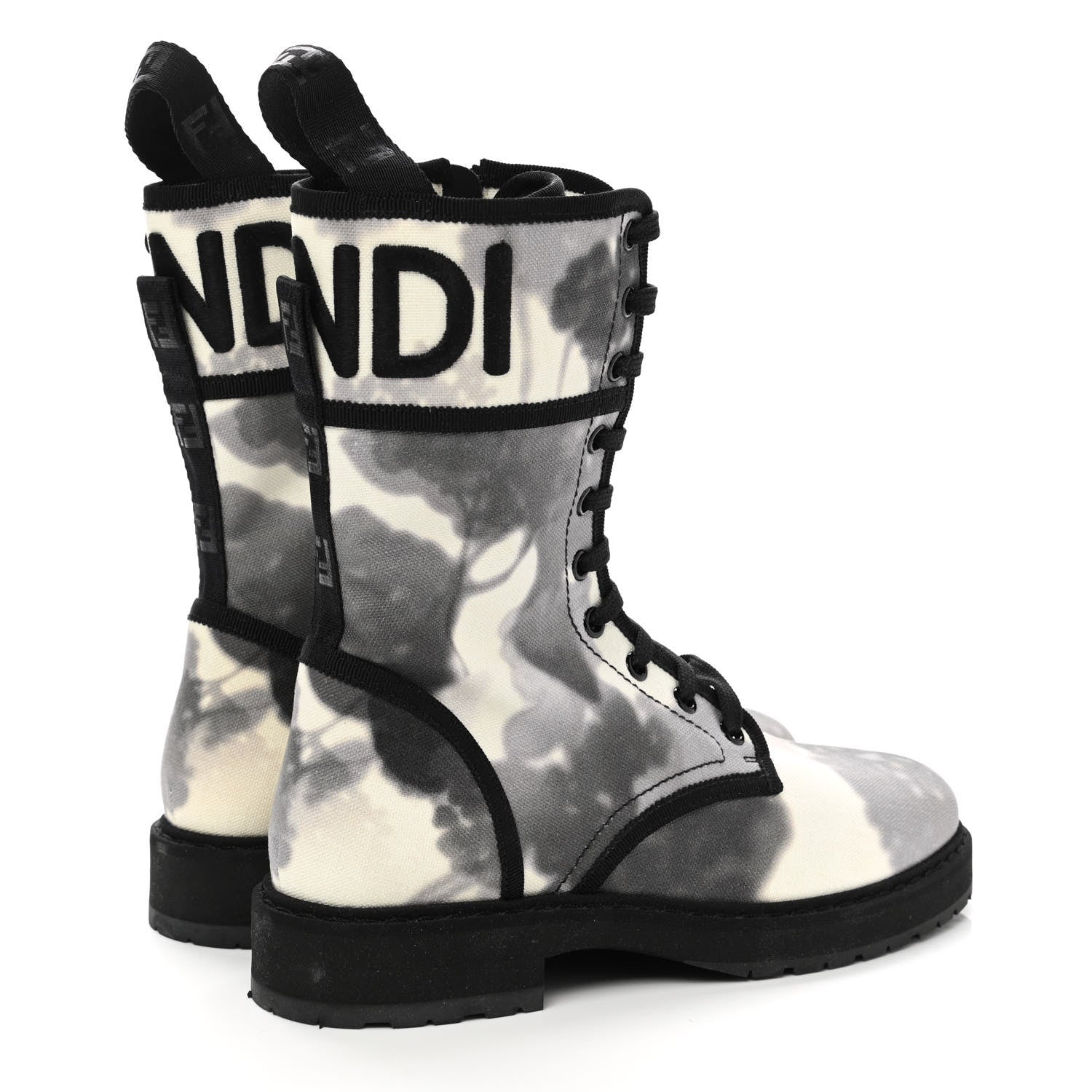Fendi Canvas Floral Print Logo Bi-Color Womens Biker Boots 37 White Black 4 of 8