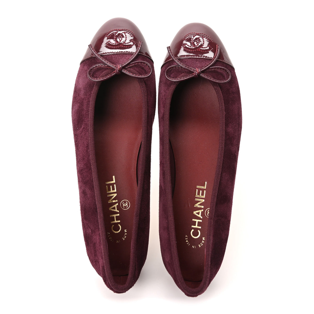 Chanel Suede Calfskin Patent Cap Toe CC Ballerina Flats 39 Burgundy 2 of 9