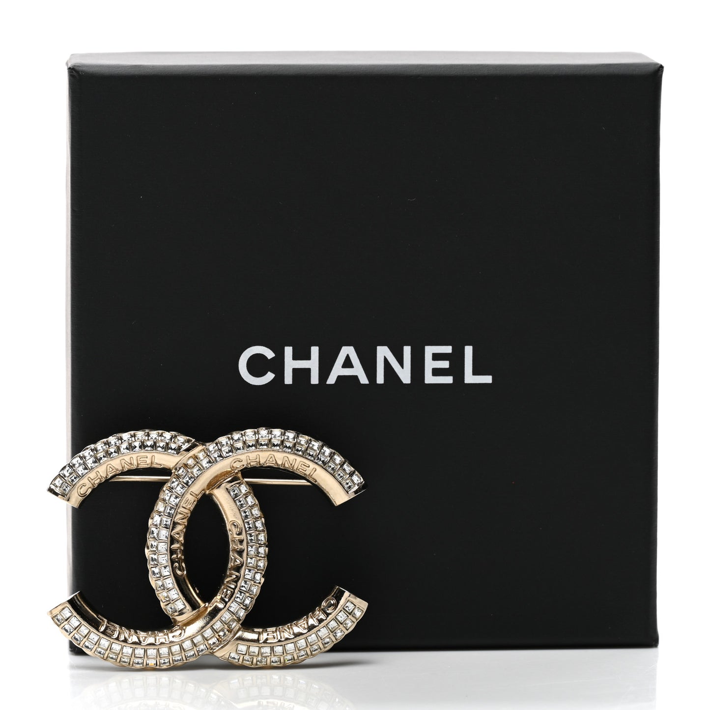 Metal Crystal Baguette CC Brooch Gold