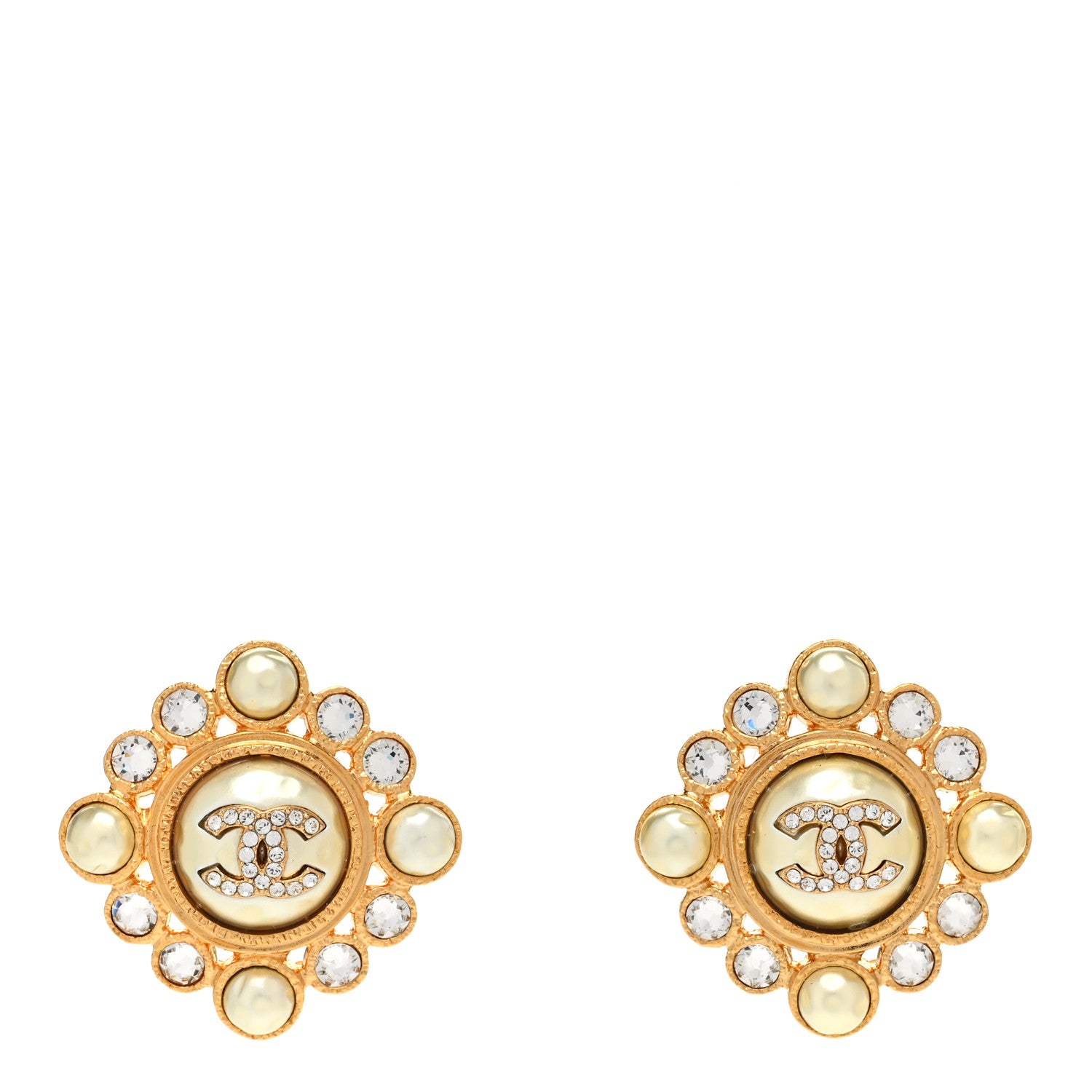 Chanel Pearl Crystal CC Round Earrings Gold 1 of 5