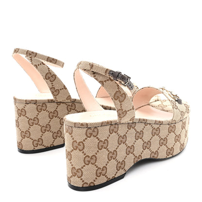 Gucci Monogram Nappa Chalotte Horsebit Ankle Strap 75mm Flatform Sandals 37 Beige Ebony 5 of 10