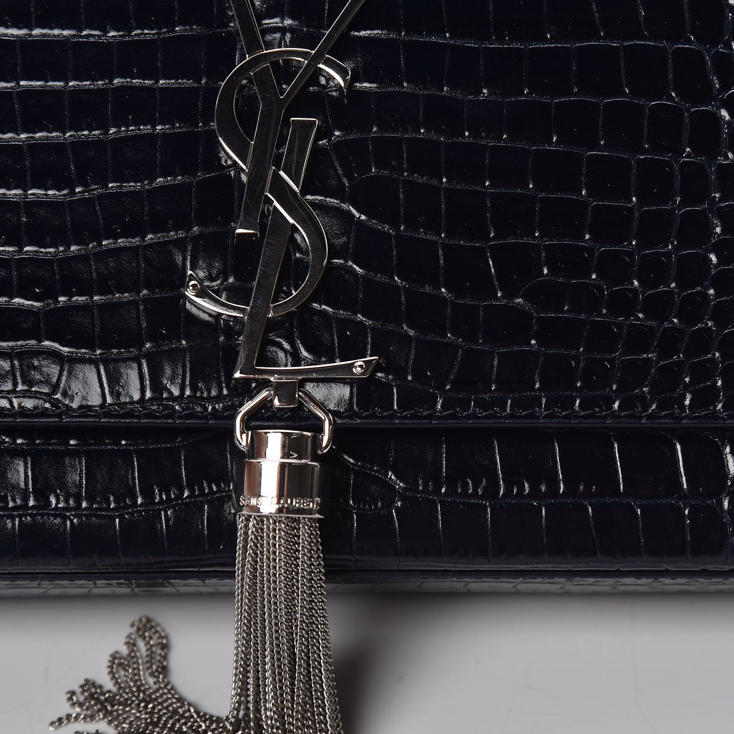 Calfskin Crocodile Embossed Medium Classic Monogram Kate Tassel Satchel Blue Sapphire